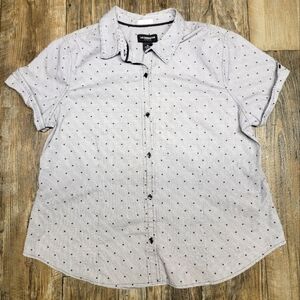 Liz Claiborne Button Up blouse Shirt Women XL Gray Black Polka Dot Cotton